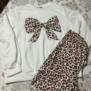 Leopard Print Bow Sweatshirt and Pants Set